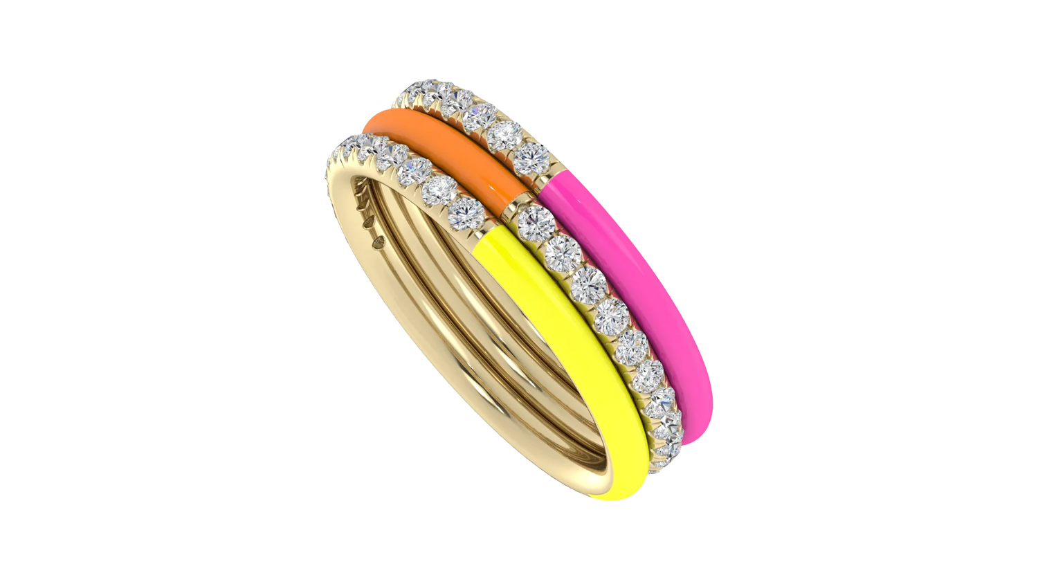 Three-colored layered gold ring with diamond in a slanted position - 14 k yellow