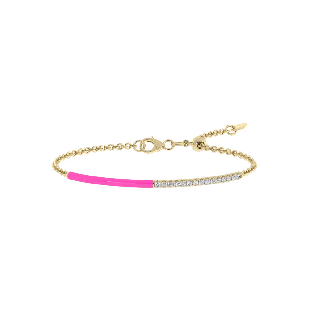 Gold bracelet with neon pink colored pendant in half and a series of diamond as the other half shown in front view - 14k Yellow Neon Rosa