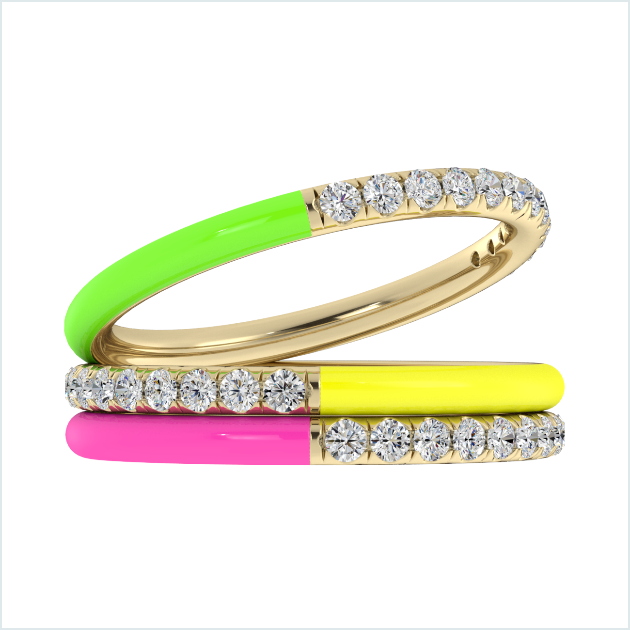 Three-colored layered gold ring, one ring tilted, with diamond - 14 k yellow