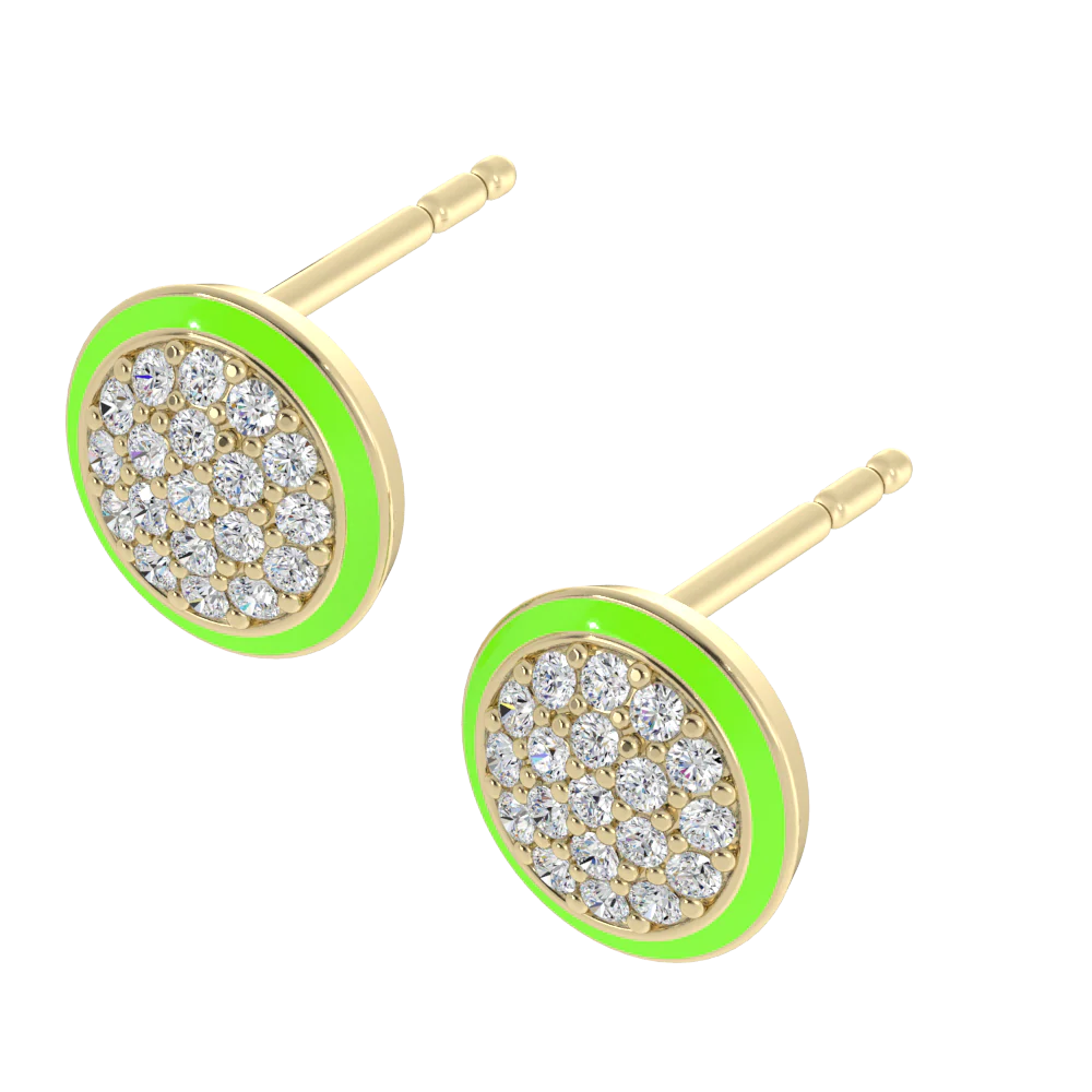 Round stud gold earrings with surrounded neon band on the side and diamond in the 14k Yellow / Neon Verde center