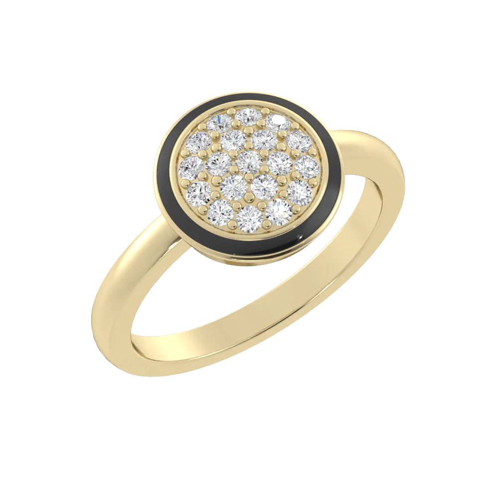 Gold ring with round black halo pave with diamond inside in slanted perspective - 14K Solid Gold White Diamonds