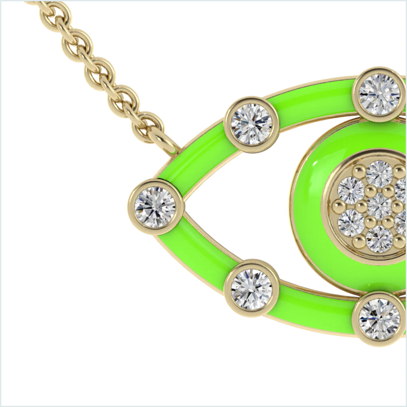 Half Image of a neon green eye design  stud gold earrings with diamond  - 14k Yellow / Neon Verde