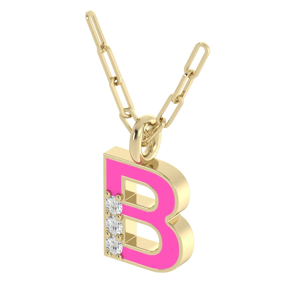Neon pink letter B gold pendant with diamond beads shown in slanted view