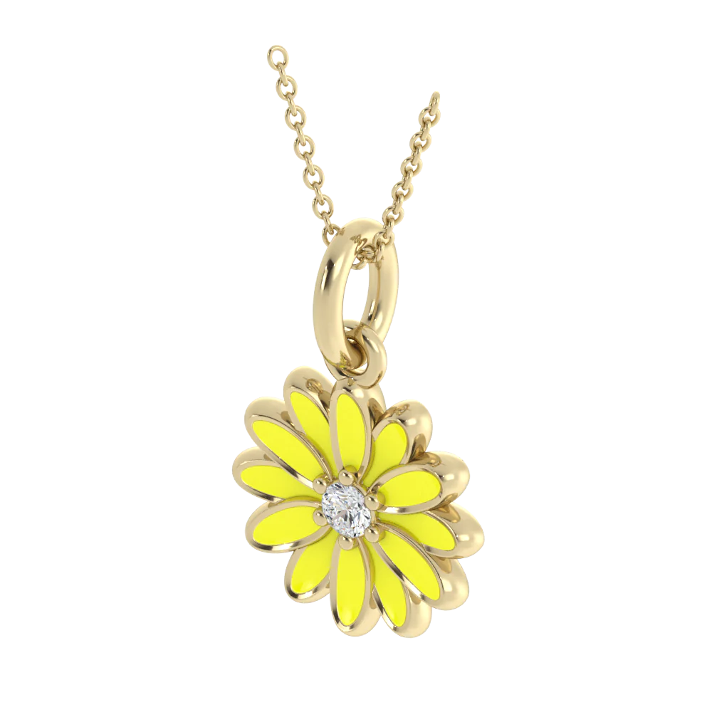 Yellow color flower design gold pendant with diamond in the center shown in slanted view 14k Yellow / Neon Giallo