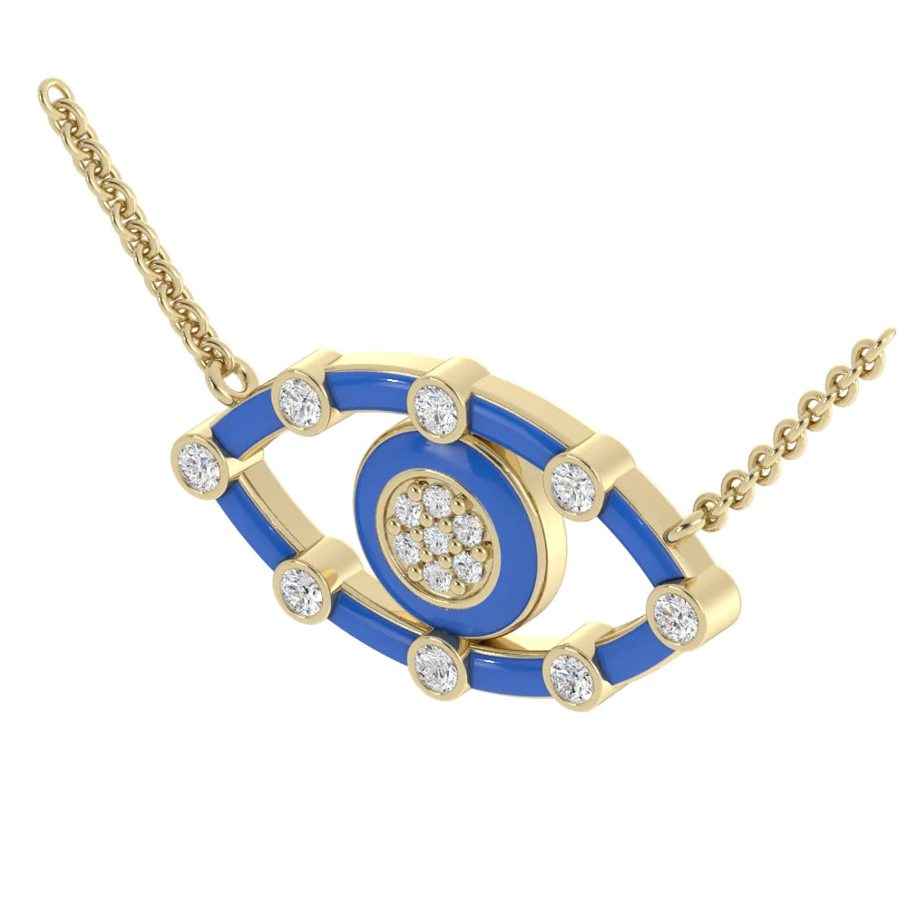 Neon blue eye gold pendant with diamond shown in slanted view 14k Yellow / Neon Blu